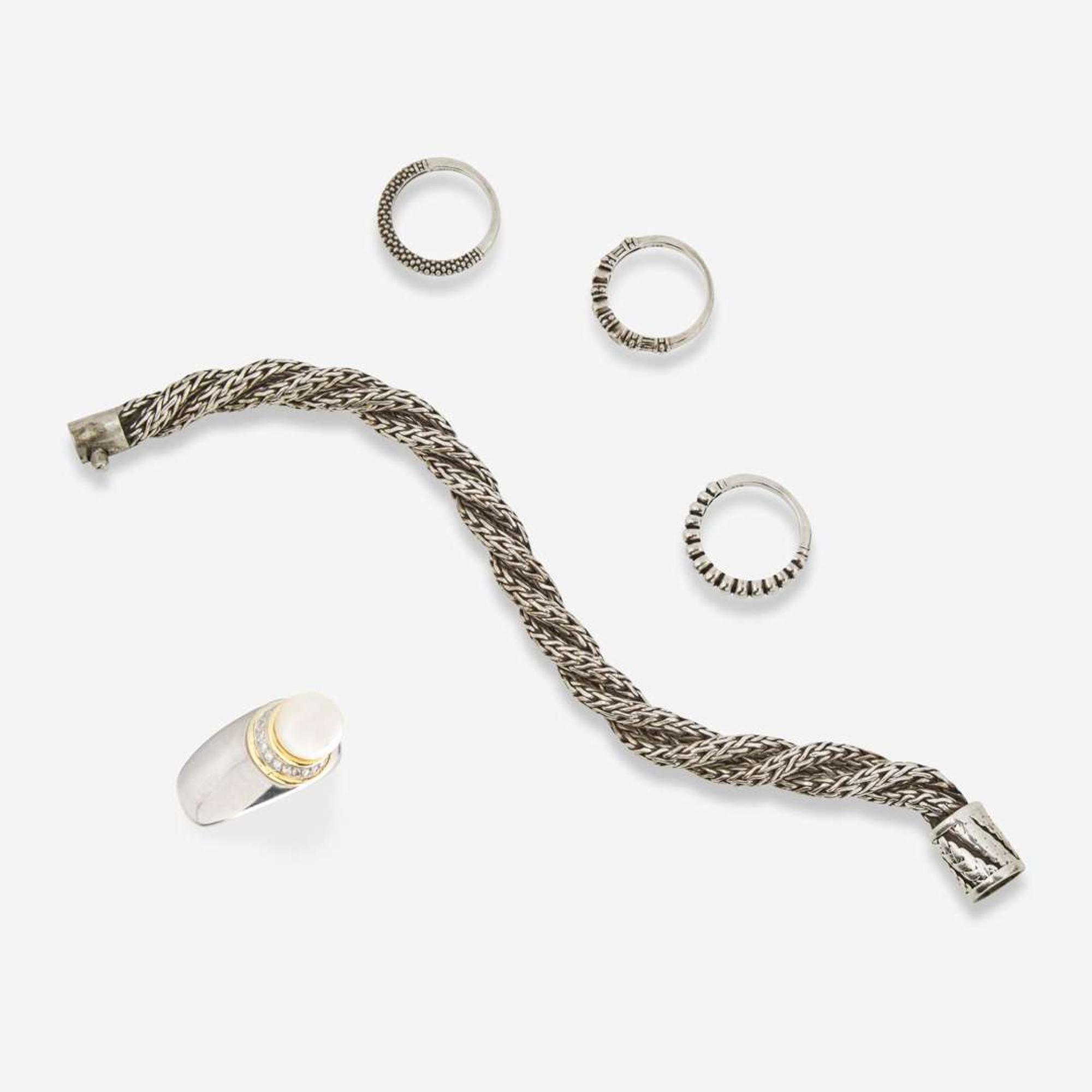 A Paloma Picasso for Tiffany & Co. Pearl Ring, Sterling Silver Bracelet, and Three Lagos Rings Lagos, Tiffany & Co.