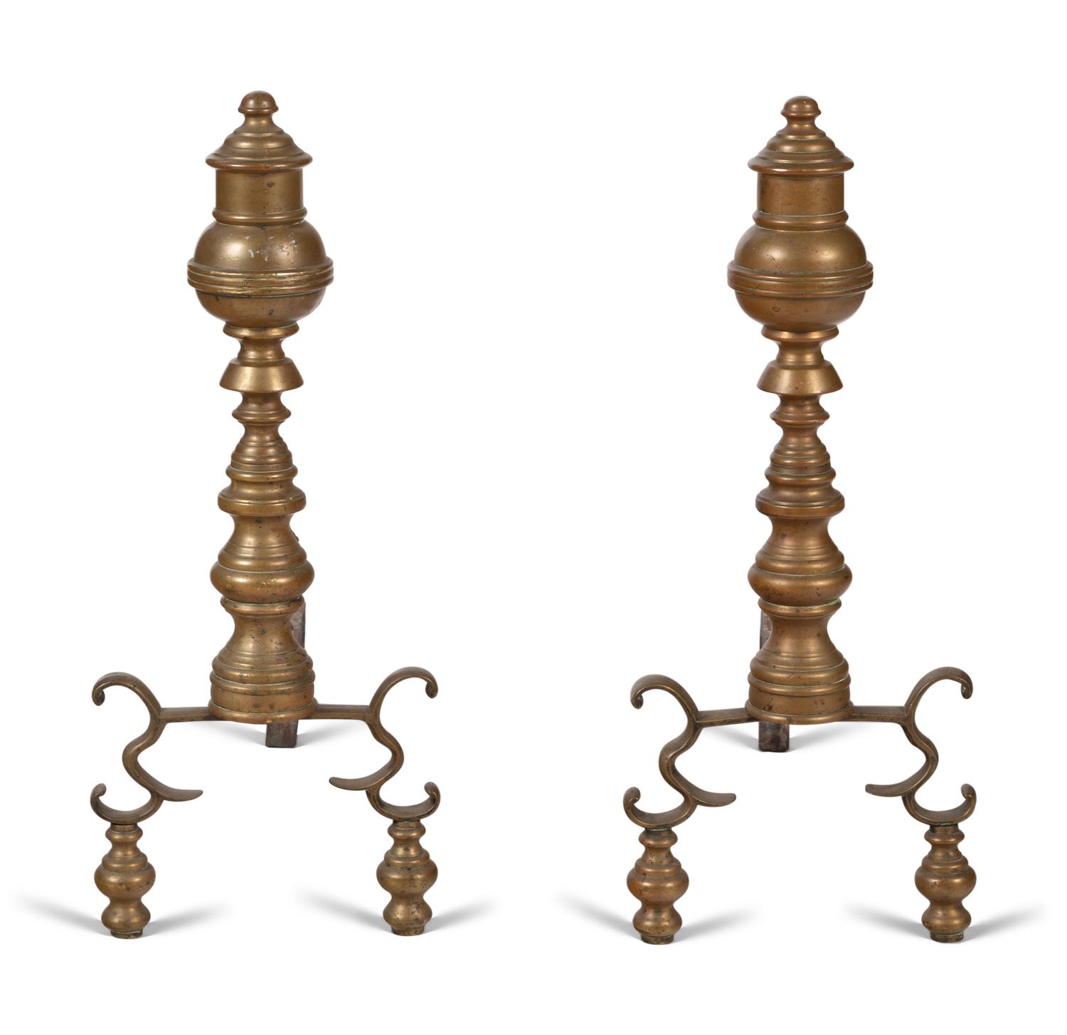 A Pair of Federal Style Brass Baluster Andirons