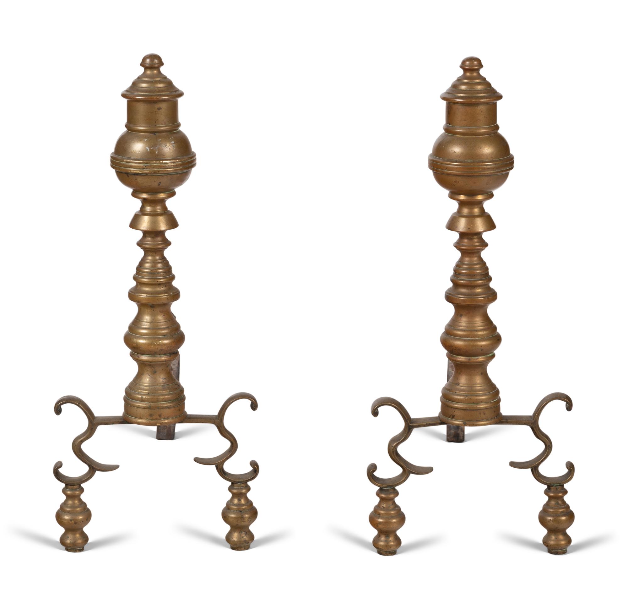 A Pair of Federal Style Brass Baluster Andirons