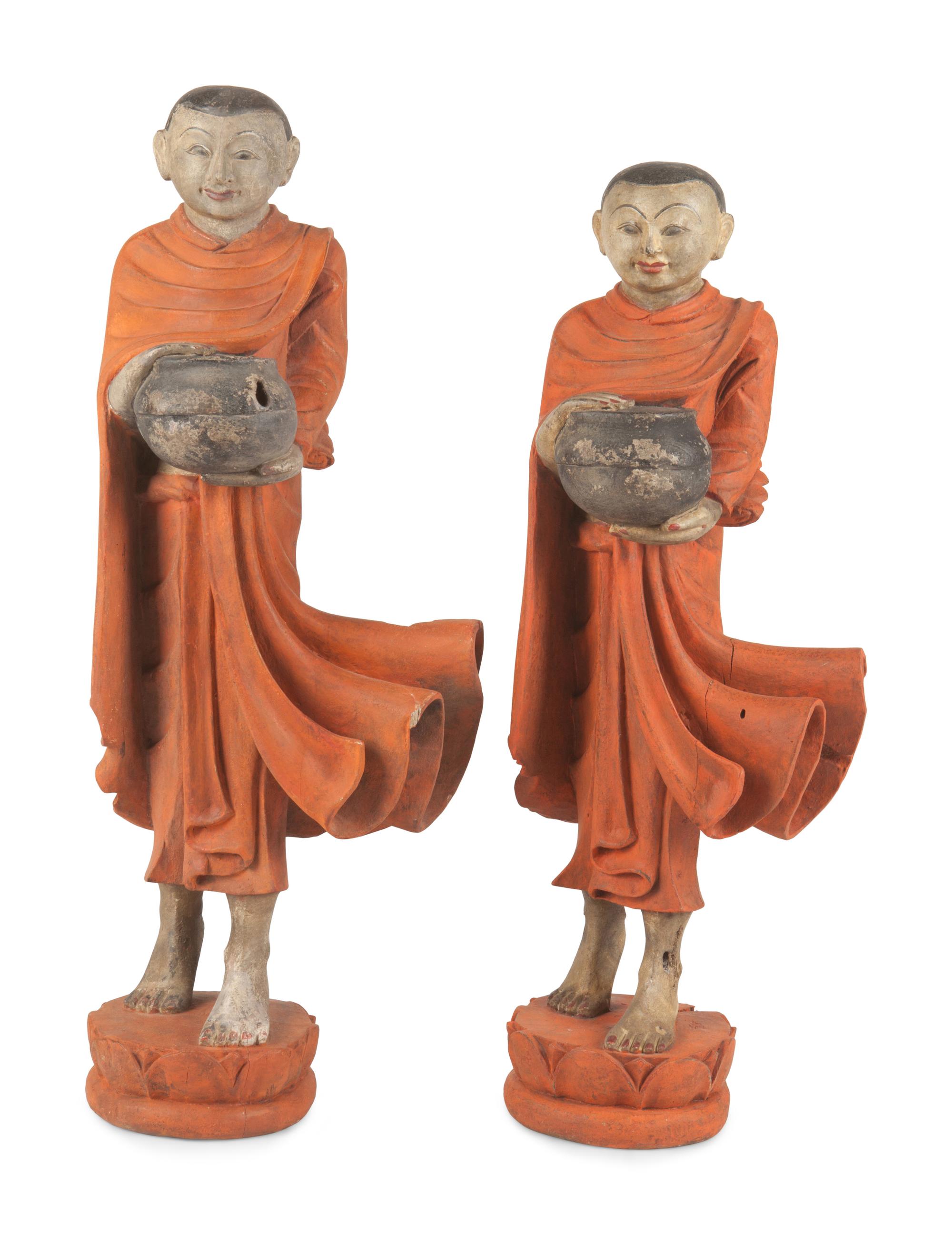 Two Burmese Polychrome Painted Carved Wood Figures