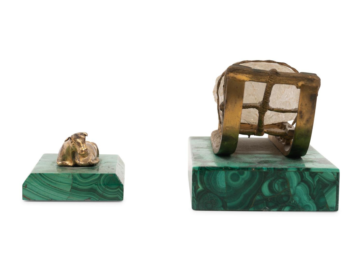 Two Russian Gilt Metal Mounted Malachite Paperweights