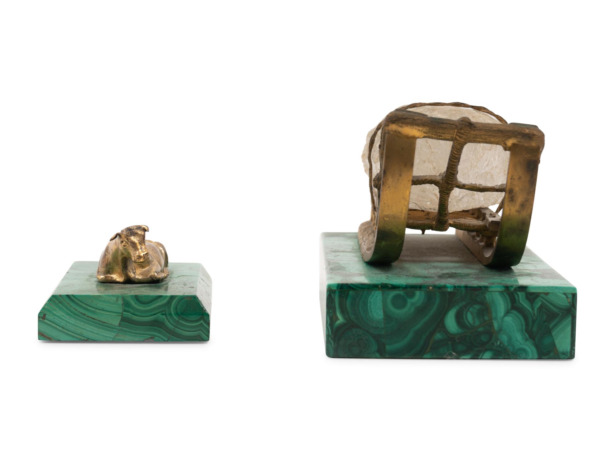 Two Russian Gilt Metal Mounted Malachite Paperweights