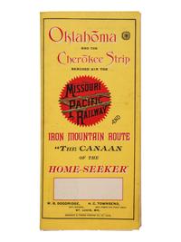 [MAPS -- OKLAHOMA LAND RUSH]. Oklahoma And The Cherokee Strip Reached Via The Missouri Pacific Railway And Iron Mountain Route “The Canaan Of The Home-Seeker.” St. Louis, MO: Woodward & Tiernan Printing Co., 1889.