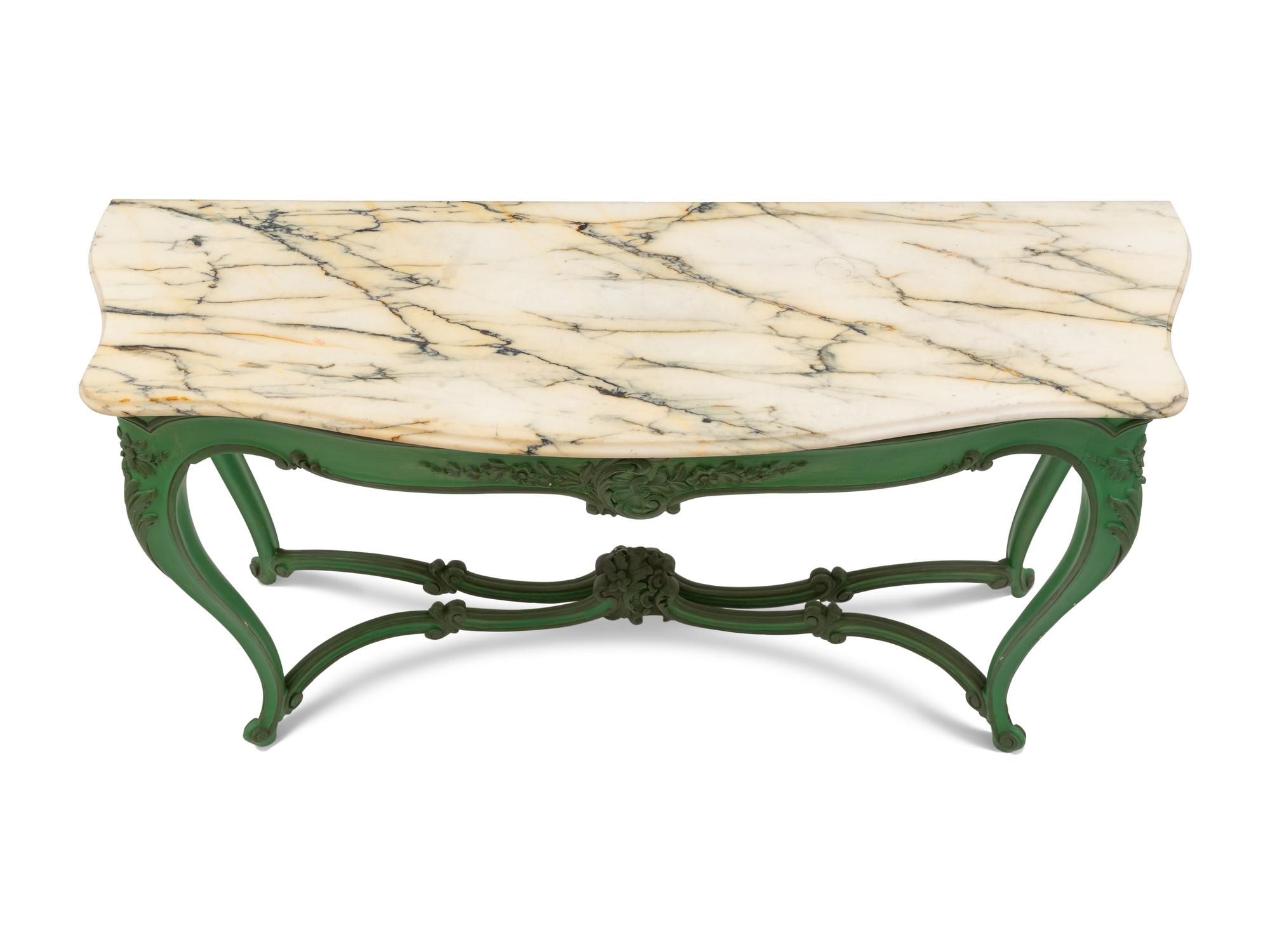 A Louis XV Style Green-Painted Marble-Top Console Table