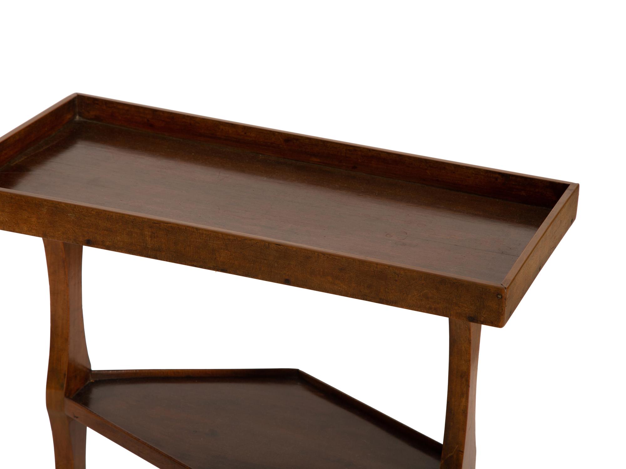 A Three Tier Walnut Serving Stand and a Louis XV Style Marble Top Parquetry Side Table