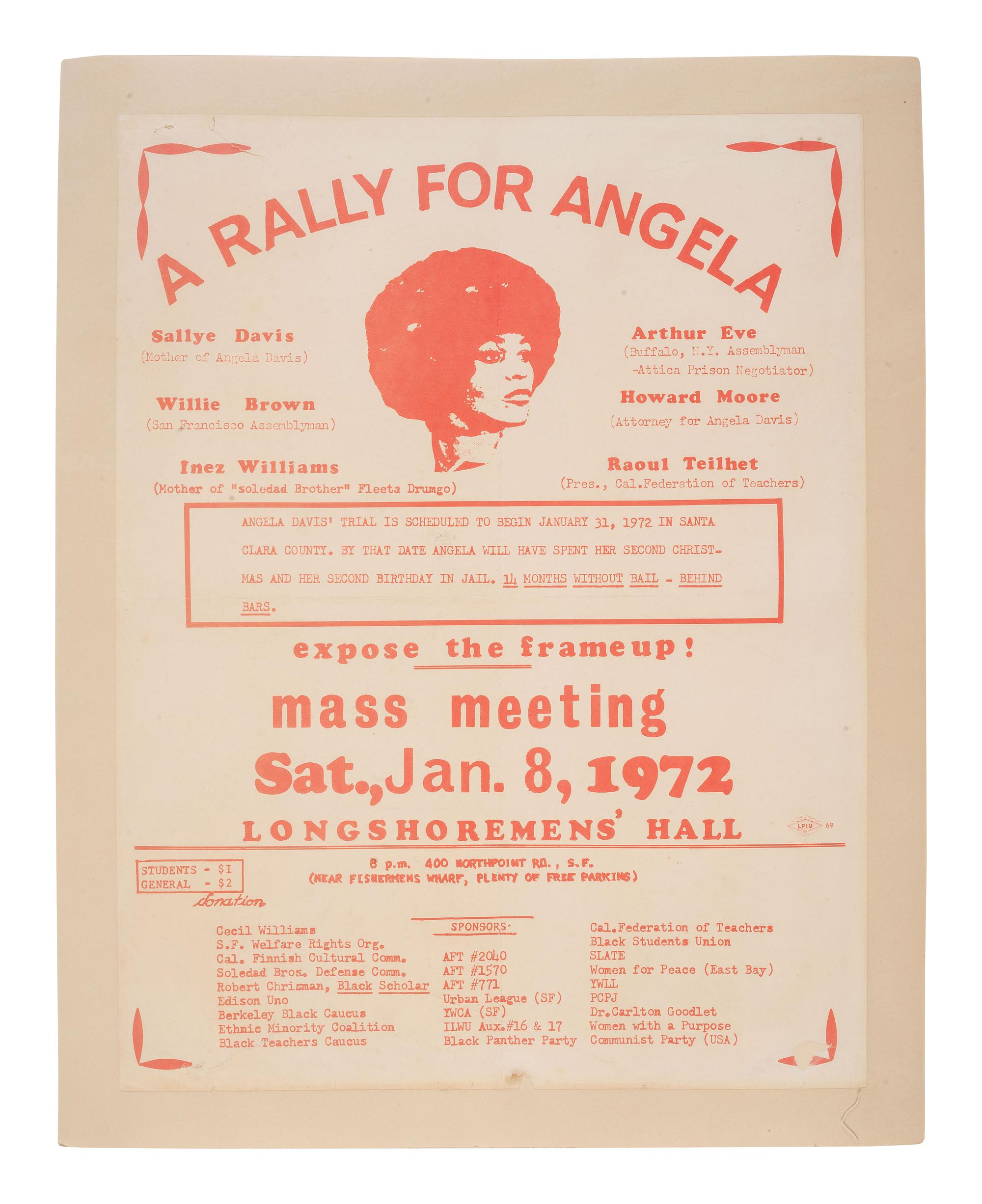 [DAVIS, ANGELA (b. 1944)]. 5 items, incl. posters, flyers, and a photograph documenting the effort to acquit Angela Davis, ca 1970-1977.