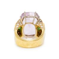 KUNZITE, TSAVORITE GARNET, DIAMOND, AND YELLOW GOLD RING