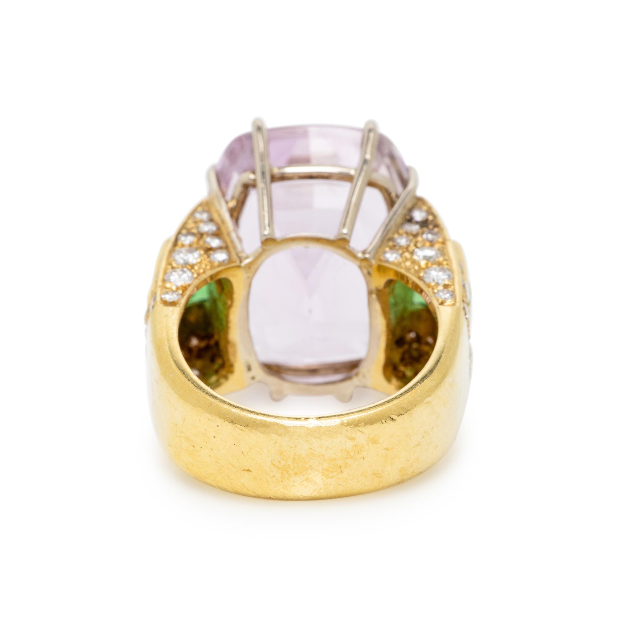KUNZITE, TSAVORITE GARNET, DIAMOND, AND YELLOW GOLD RING
