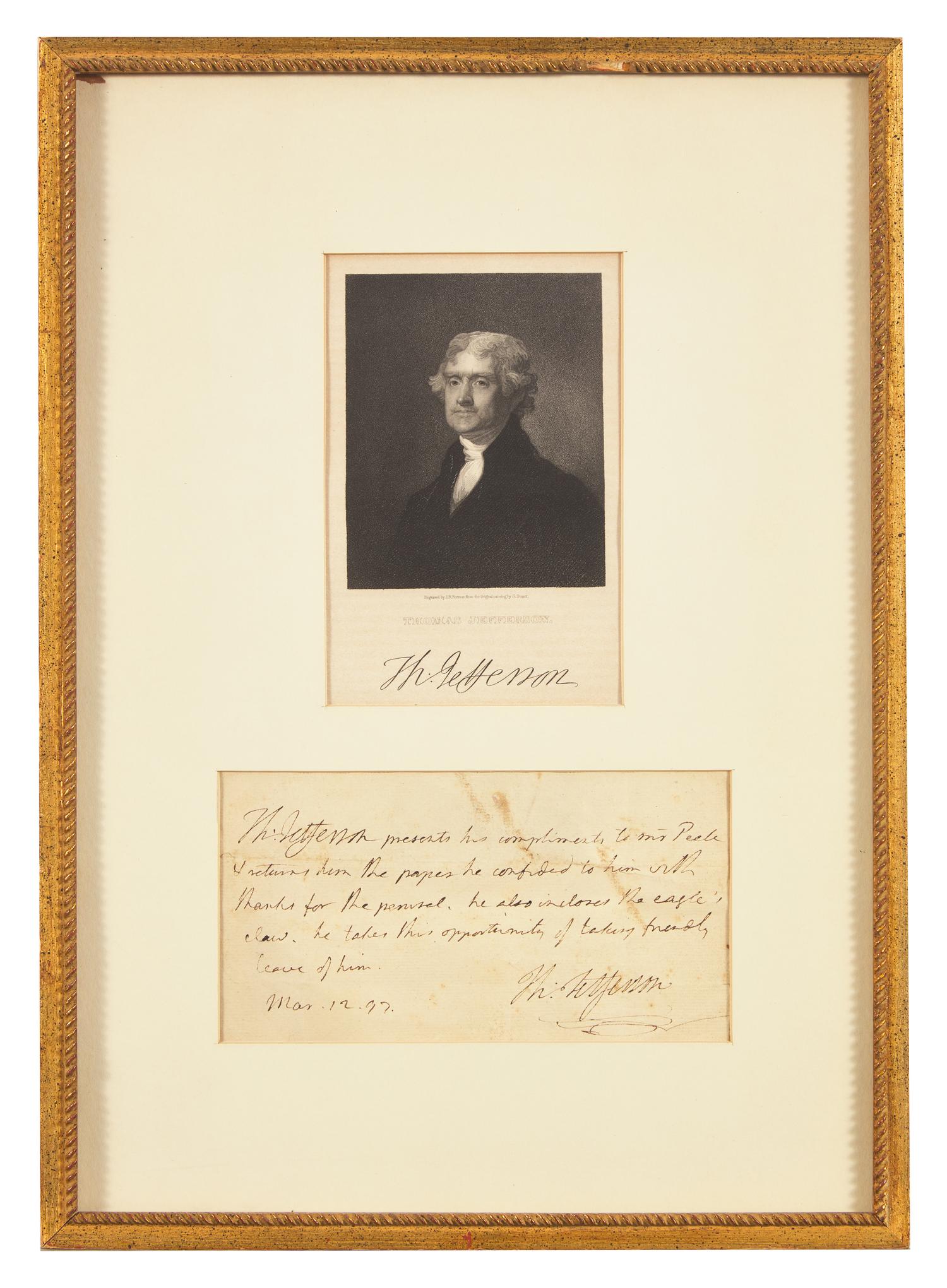 [Peale, Charles Willson] Jefferson, Thomas. Autograph Note, signed