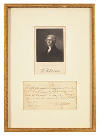 [Peale, Charles Willson] Jefferson, Thomas. Autograph Note, signed