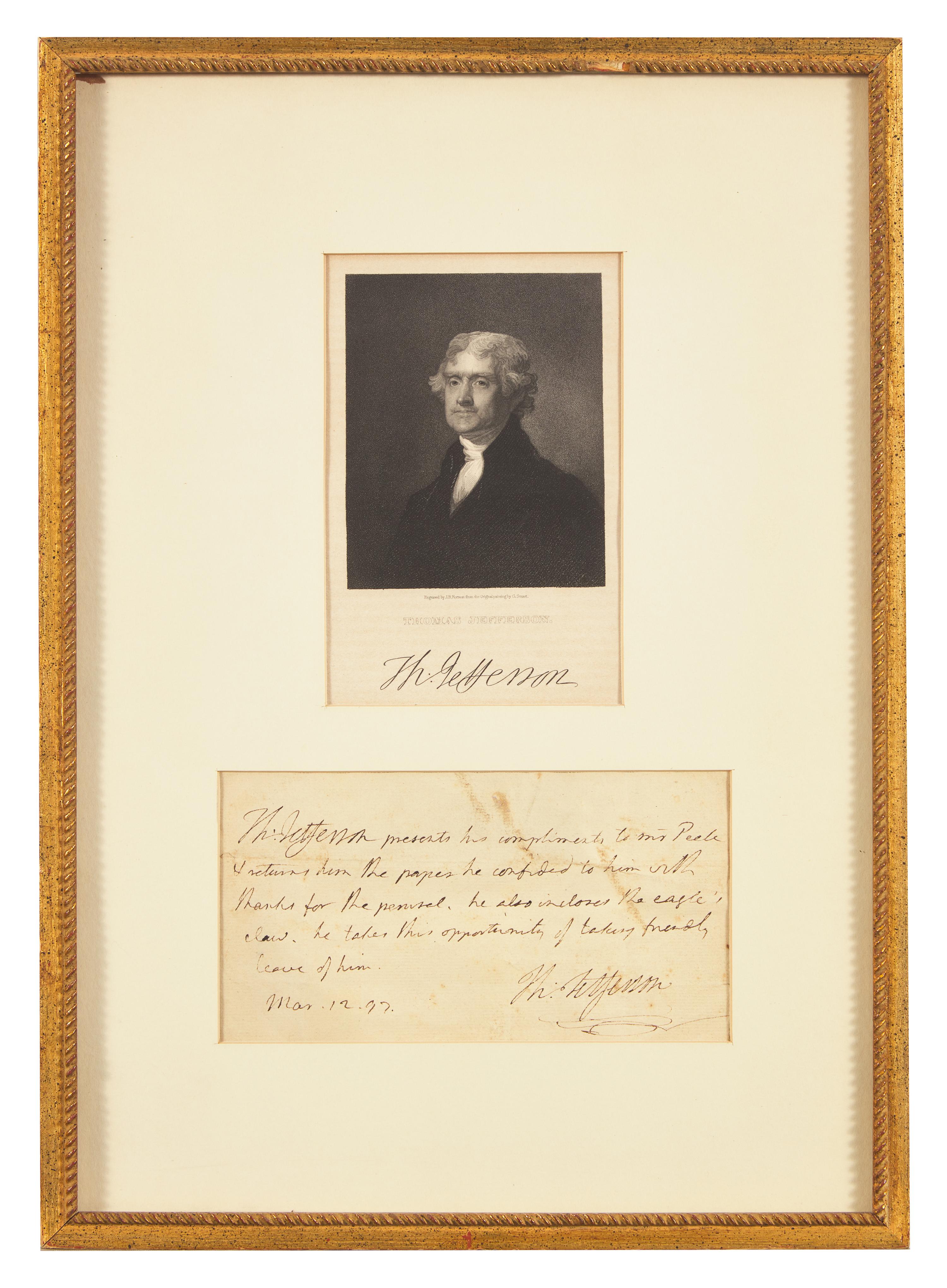 [Peale, Charles Willson] Jefferson, Thomas. Autograph Note, signed