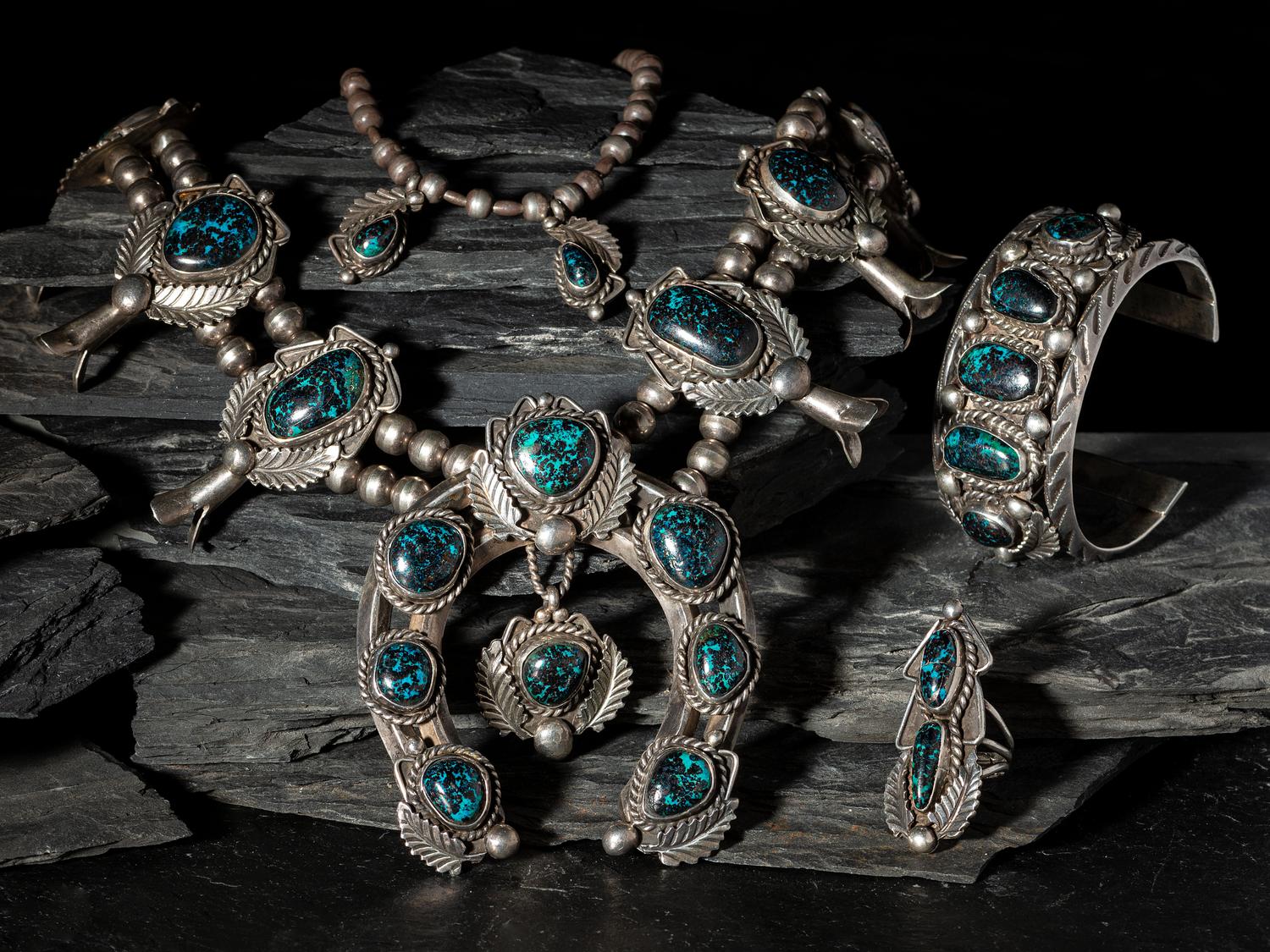 Navajo Matching Squash Blossom, Cuff Bracelet, Ring, and Necklace