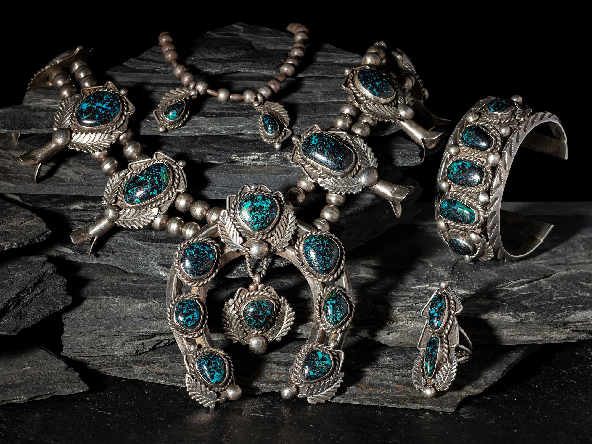 Navajo Matching Squash Blossom, Cuff Bracelet, Ring, and Necklace