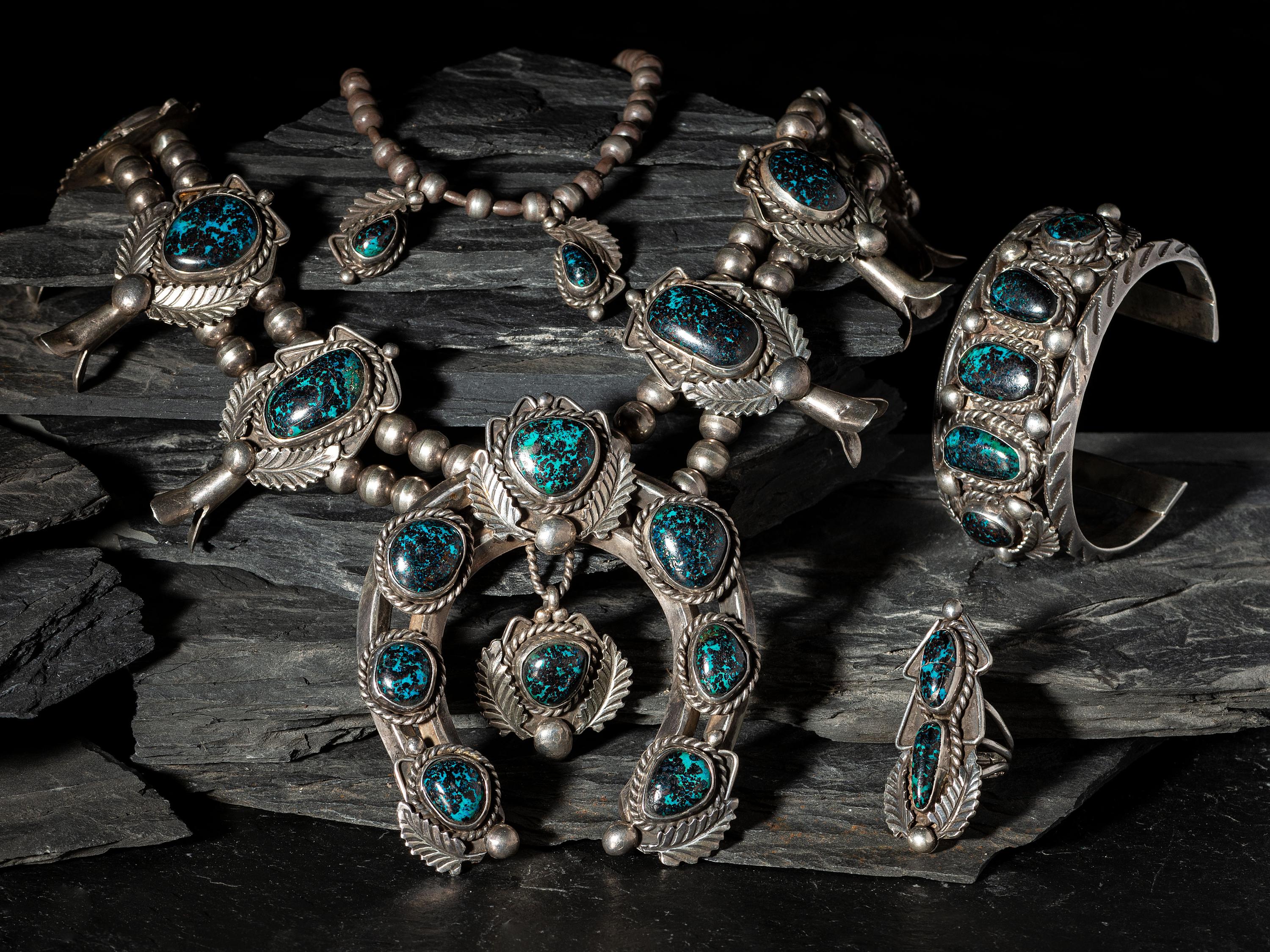 Navajo Matching Squash Blossom, Cuff Bracelet, Ring, and Necklace