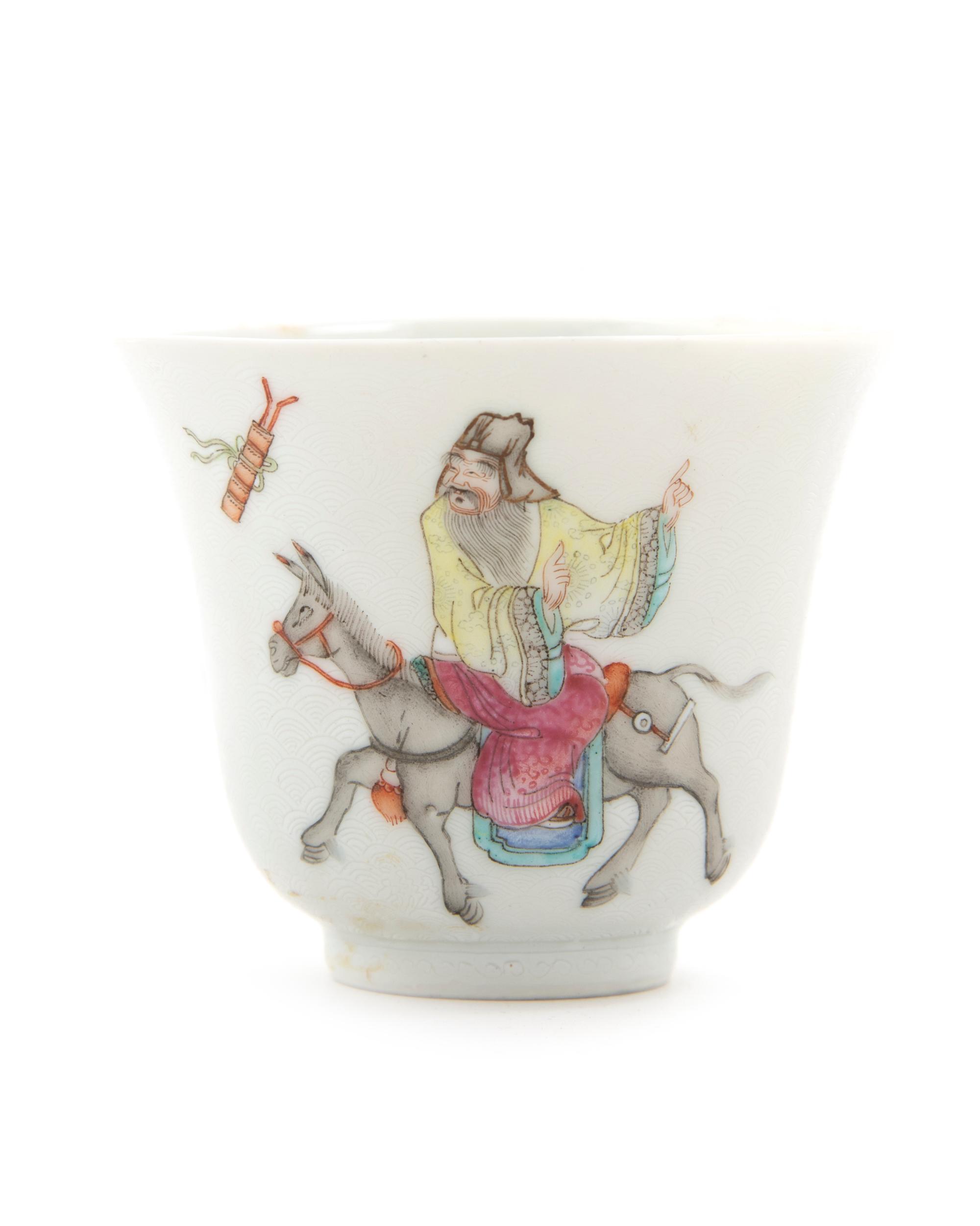 Six White Sgraffito Ground Famille Rose Porcelain "Eight Immortal' Bell-Shaped Wine Cups