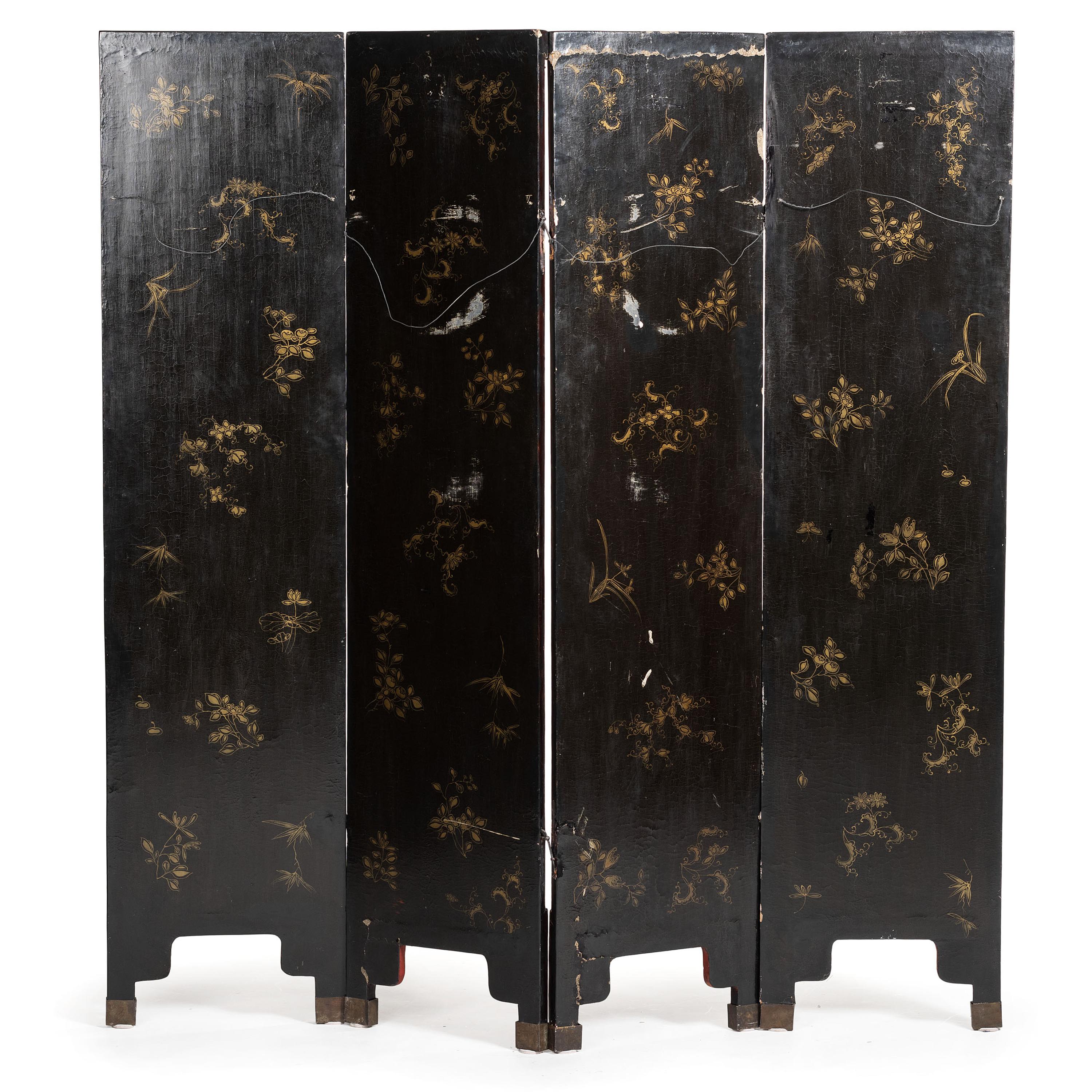 A Chinese Export Red Lacquer Four Panel Floor Screen