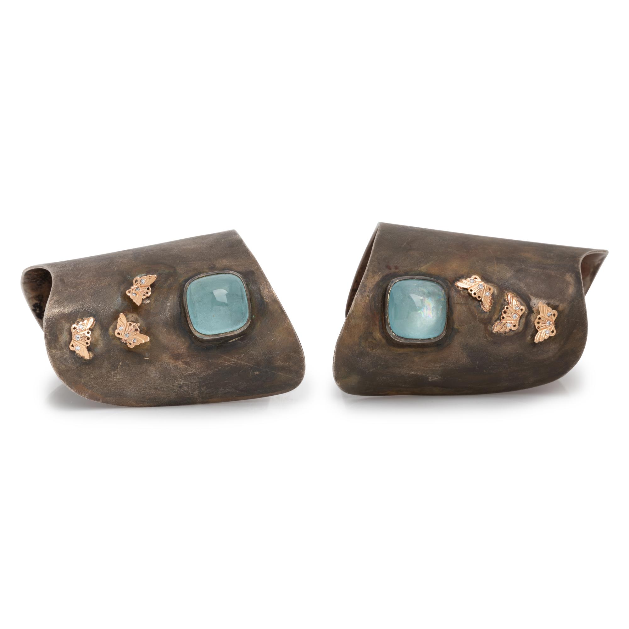 KATEY BRUNINI, STERLING SILVER, ROSE GOLD, AQUAMARINE AND DIAMOND CUFFS