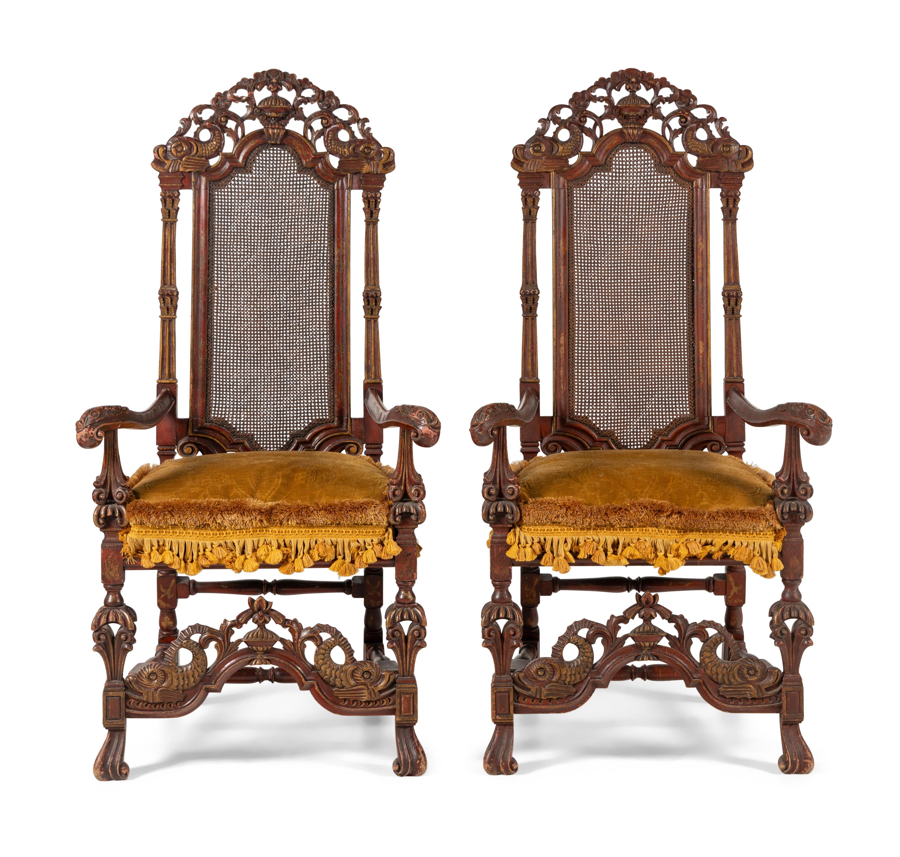 A Pair of William and Mary Style Painted and Parcel Gilt Armchairs