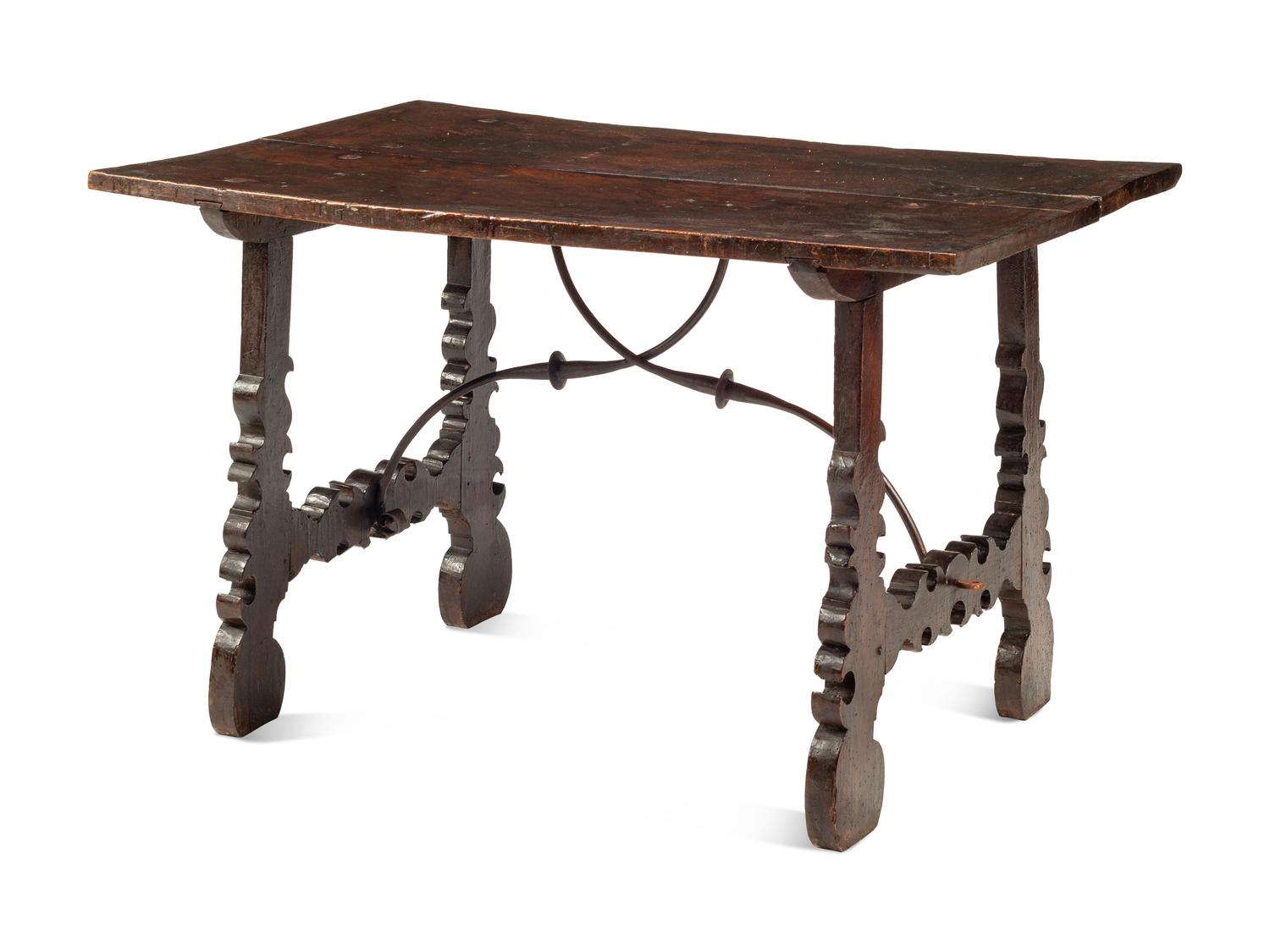 A Spanish Baroque Iron Mounted Walnut Trestle Table