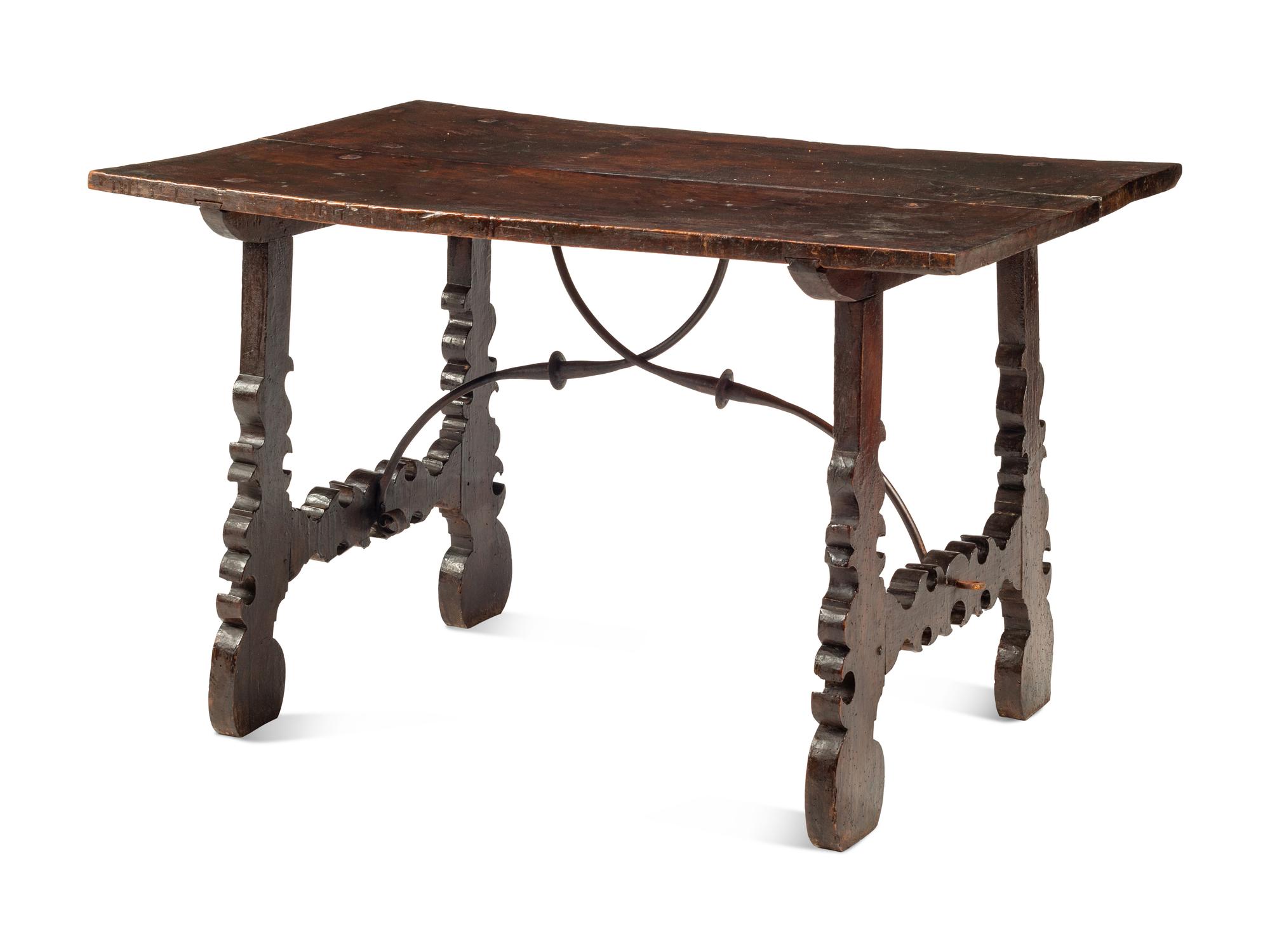 A Spanish Baroque Iron Mounted Walnut Trestle Table