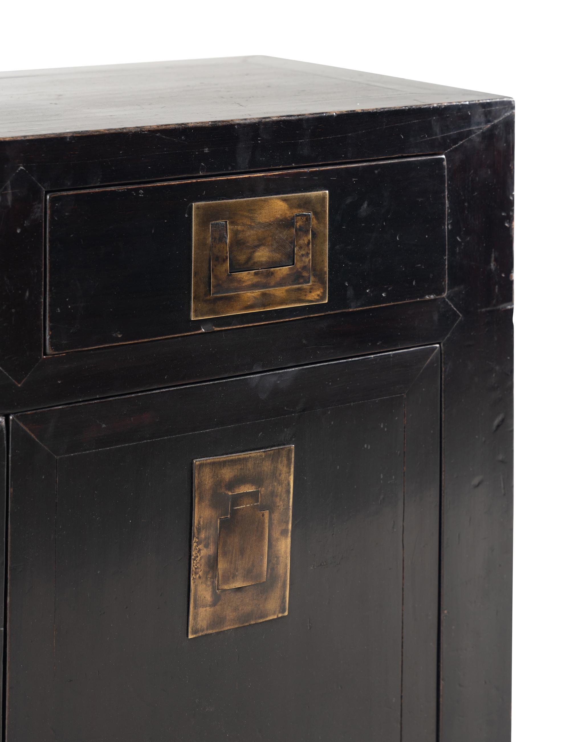 A Chinese Style Black Lacquered and Brass Mounted Console Cabinet