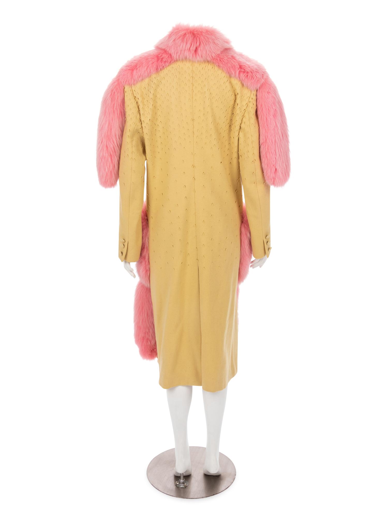 John Galliano Yellow Wool Coat Trimmed with Pink Fox and Matching Shawl, Fall 1997
