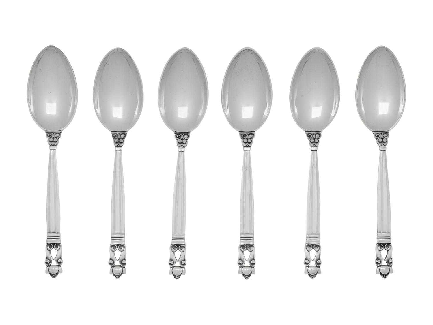 A Set of Six Georg Jensen Acorn Silver Dessert Spoons