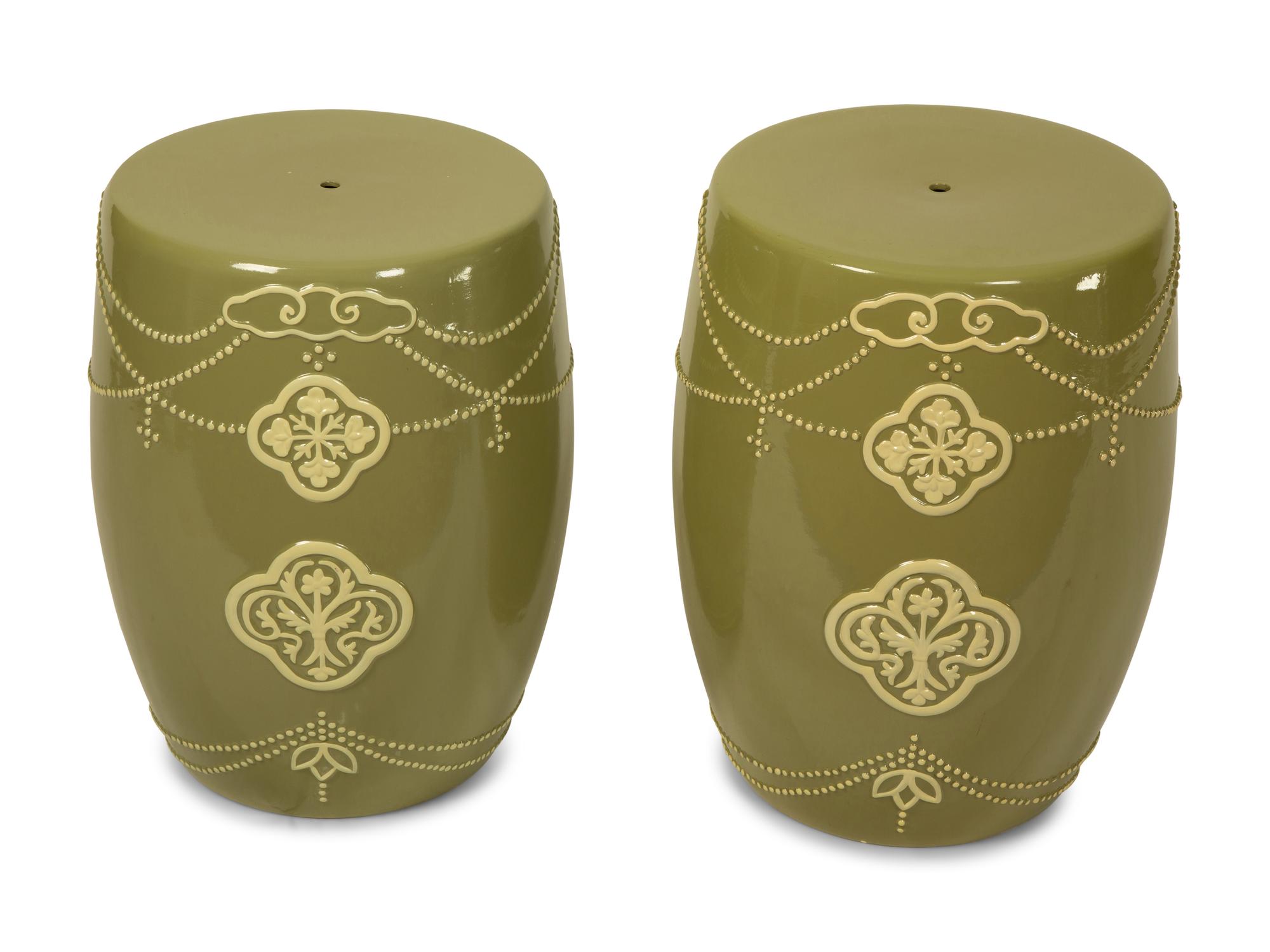 A Pair of Green Glazed Barrel-form Garden Seats — 20TH CENTURY