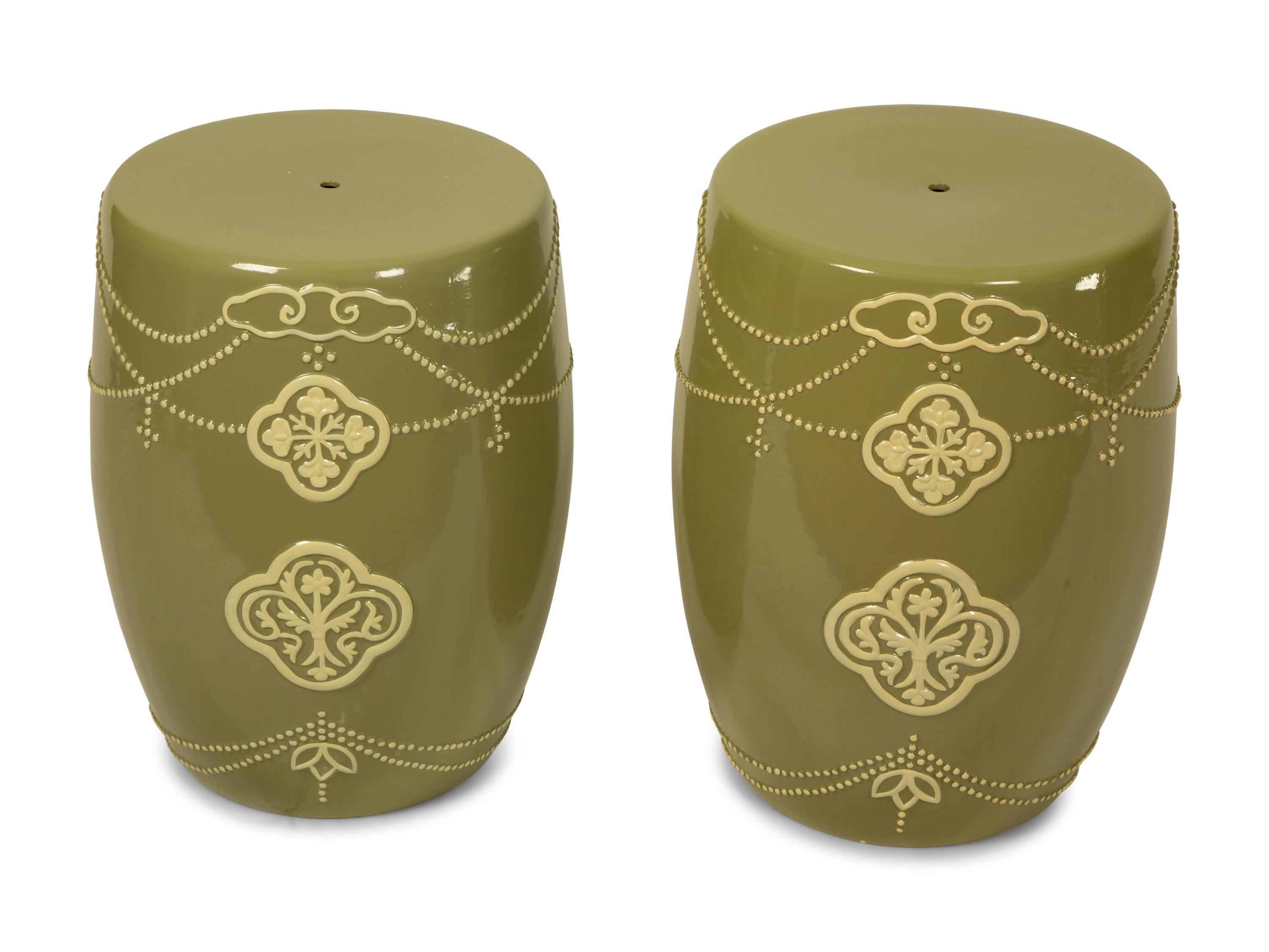 A Pair of Green Glazed Barrel-form Garden Seats — 20TH CENTURY