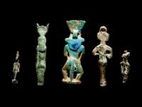 Four Egyptian Bronze Figures and One Egyptian Faience Bes