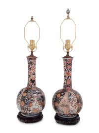 A Pair of Imari Palette Porcelain Bottle Vases Mounted as Lamps