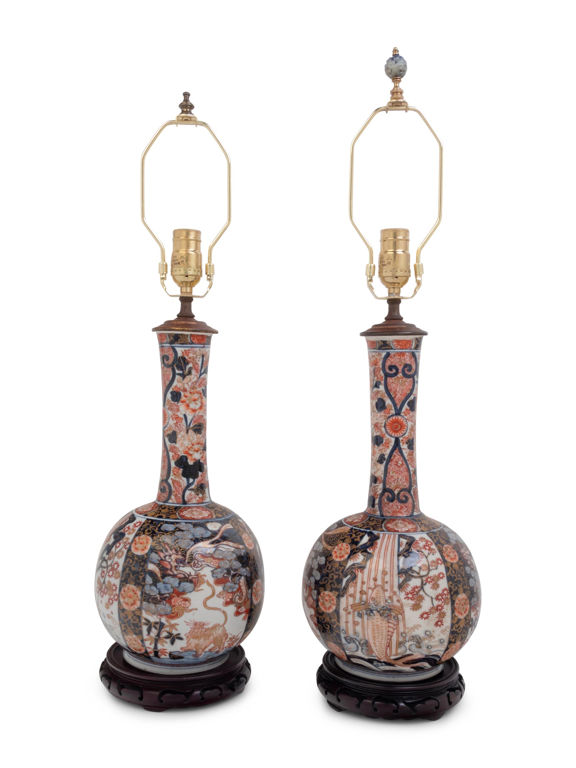 A Pair of Imari Palette Porcelain Bottle Vases Mounted as Lamps