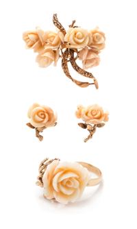 A Collection of 18 Karat Rose Gold and Angel Skin Coral Rose Motif Jewelry, 25.00 dwts.