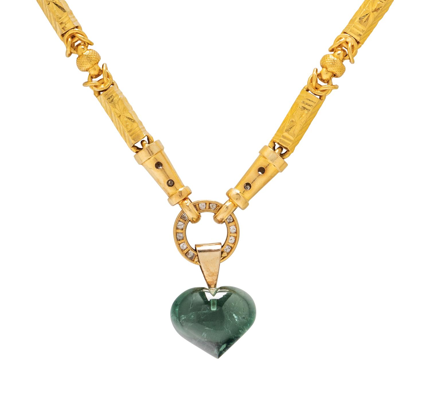 A HIGH KARAT YELLOW GOLD BYZANTINE FANCY LINK NECKLACE AND DIAMOND AND TOURMALINE CONVERTIBLE NECKLACE