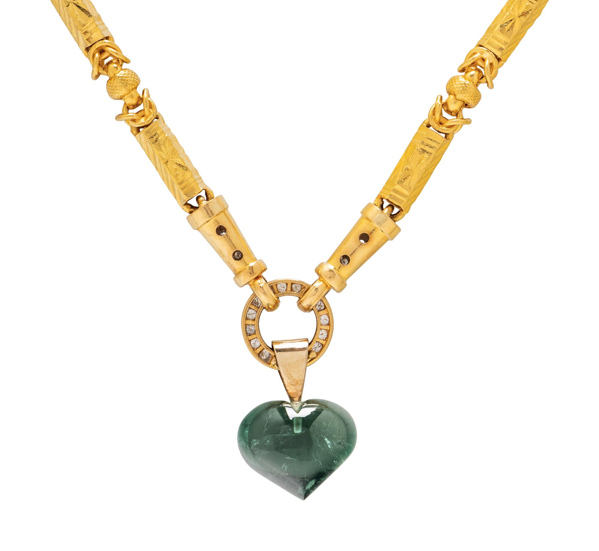 A HIGH KARAT YELLOW GOLD BYZANTINE FANCY LINK NECKLACE AND DIAMOND AND TOURMALINE CONVERTIBLE NECKLACE