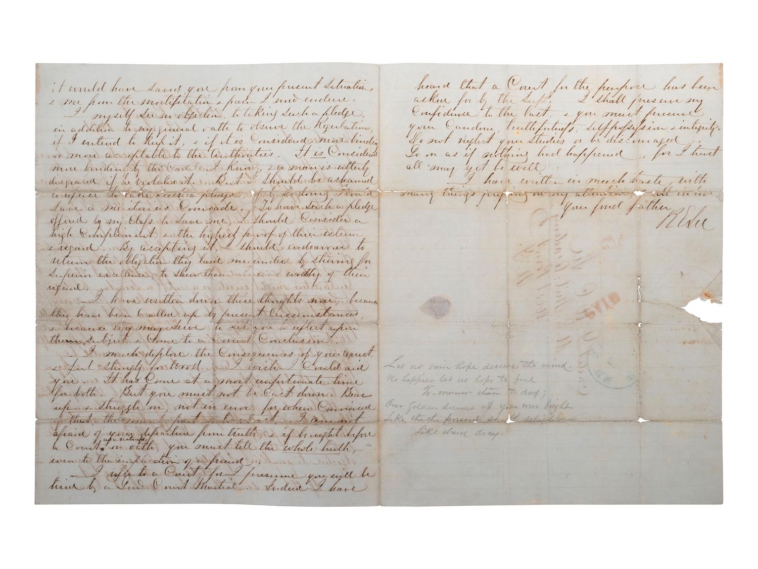 LEE, Robert E. (1807-1870). Autograph letter signed ("R. E. Lee") as commandant at West Point, to George Washington Custis Lee (1832-1913). Sollers Point, 19 June 1851.