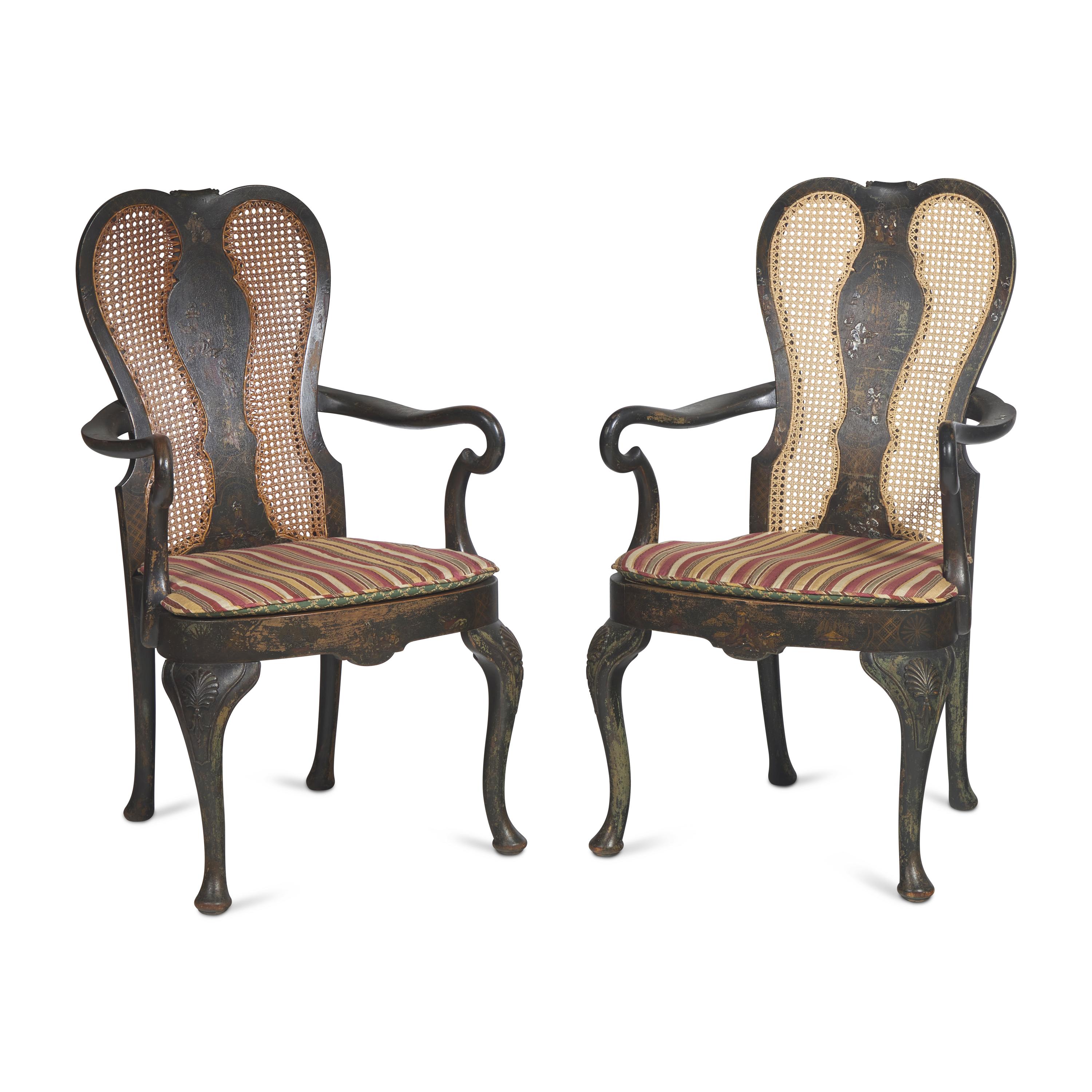 A Pair of George II Style Japanned and Caned Armchairs