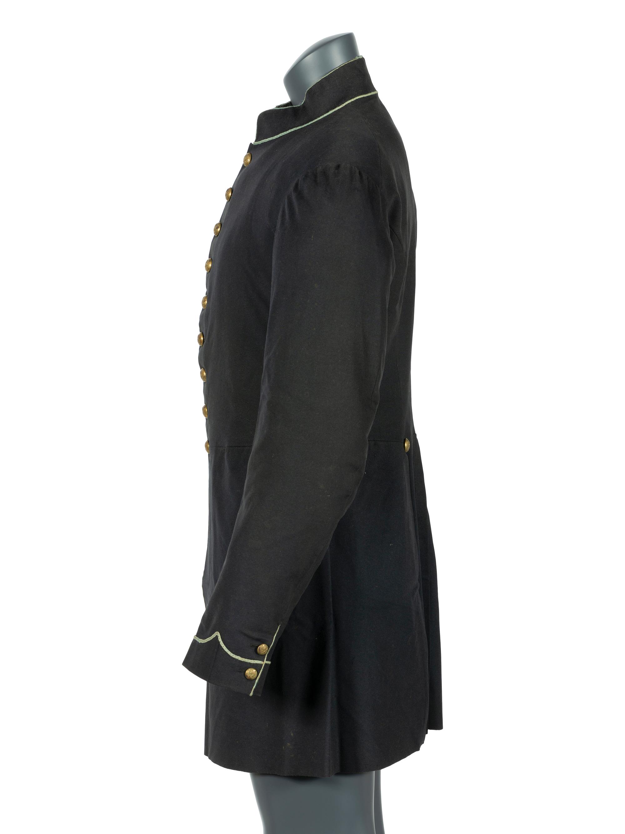 Civil War regulation Model 1858 infantry frock coat identified to Private James C. Woods, Company E, 5th Ohio Infantry.