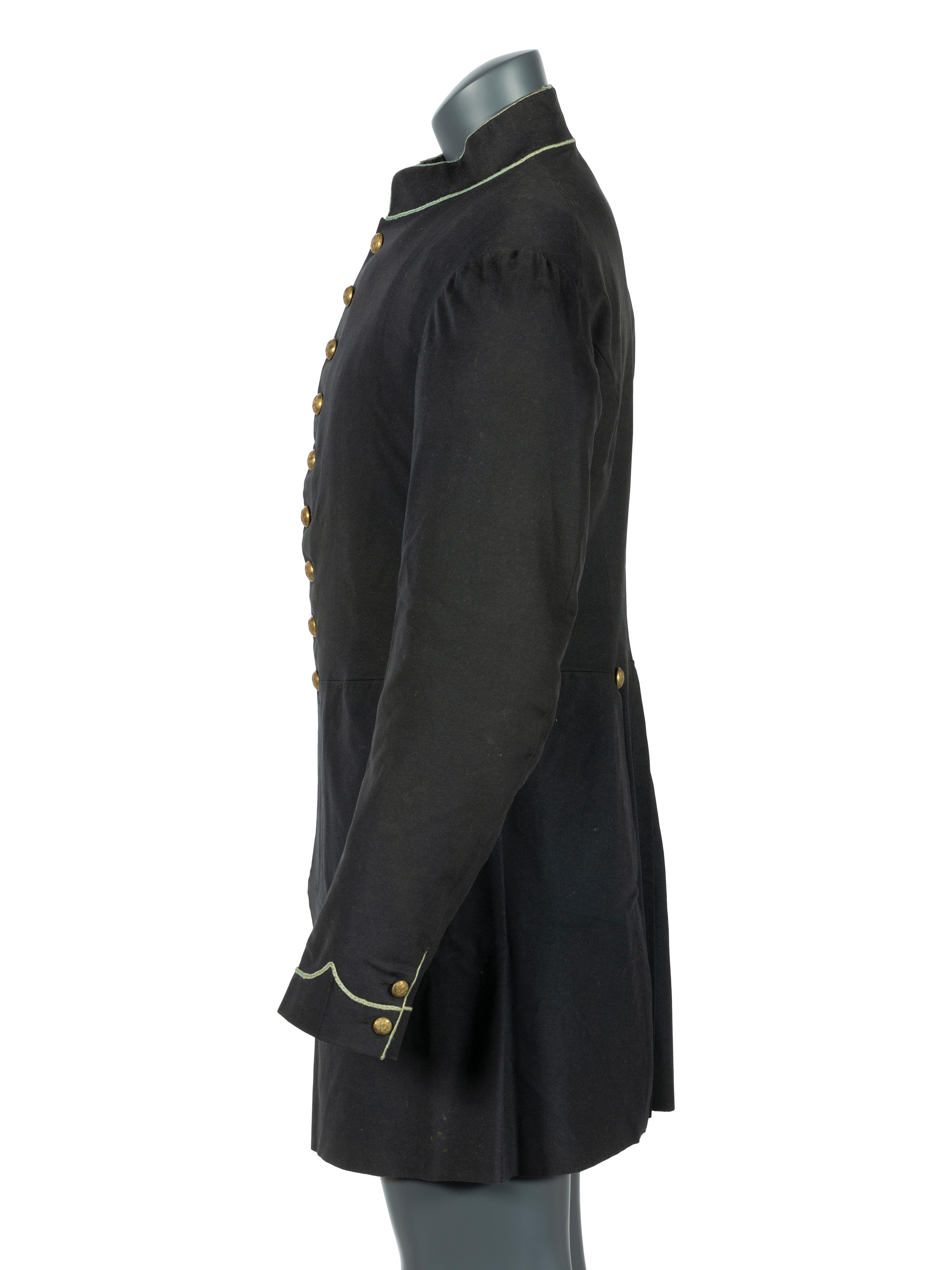 Civil War regulation Model 1858 infantry frock coat identified to Private James C. Woods, Company E, 5th Ohio Infantry.