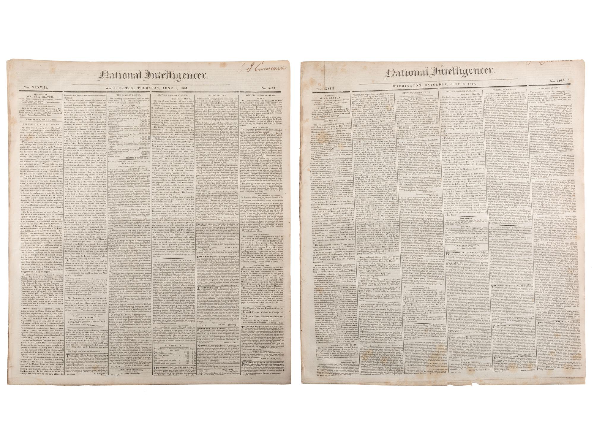 [SLAVERY & ABOLITION]. Advertisements for the return of freedom seekers published in 8 issues of The National Intelligencer . Washington, DC: May-August 1837.