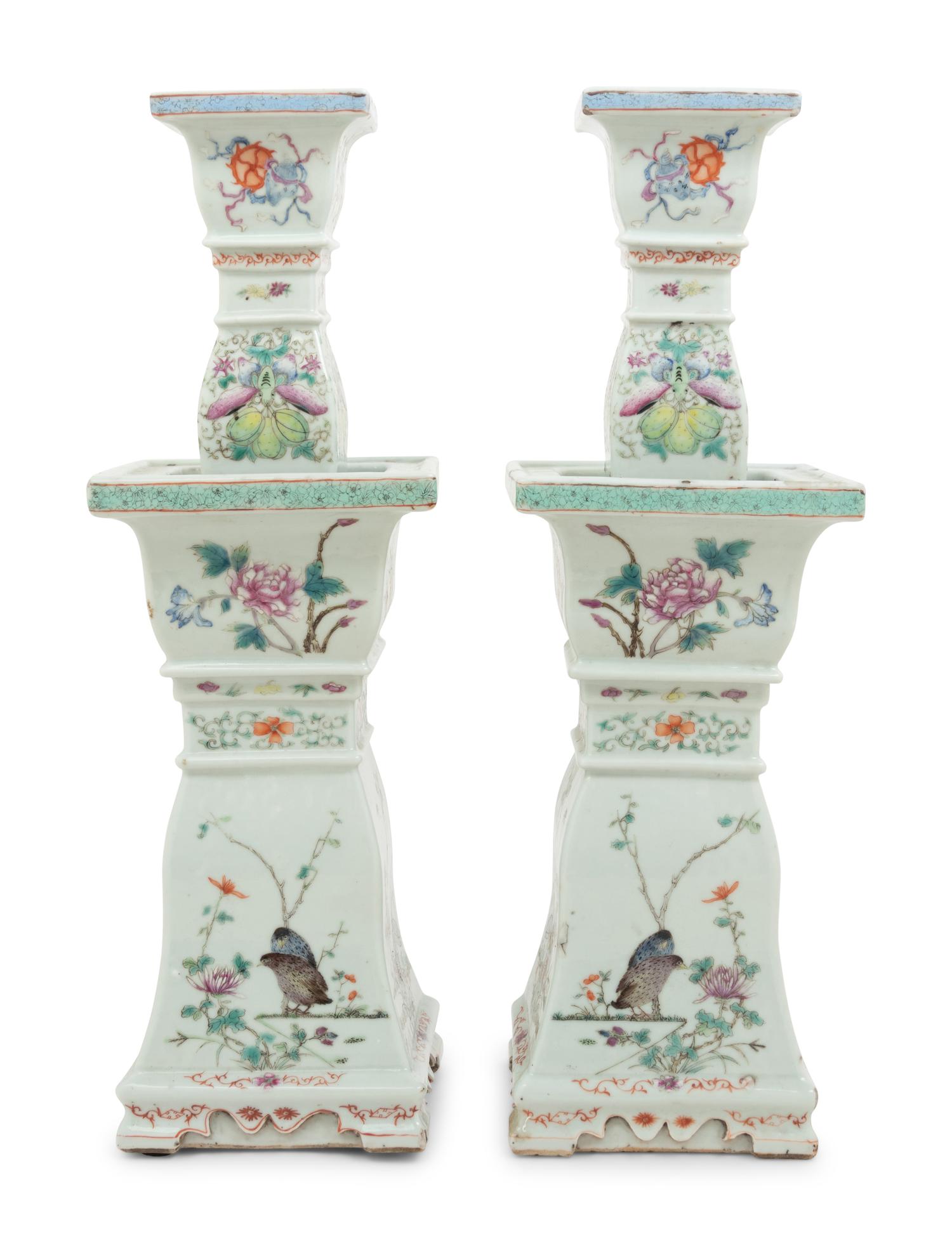 A Pair of Famille Verte Porcelain Candlesticks