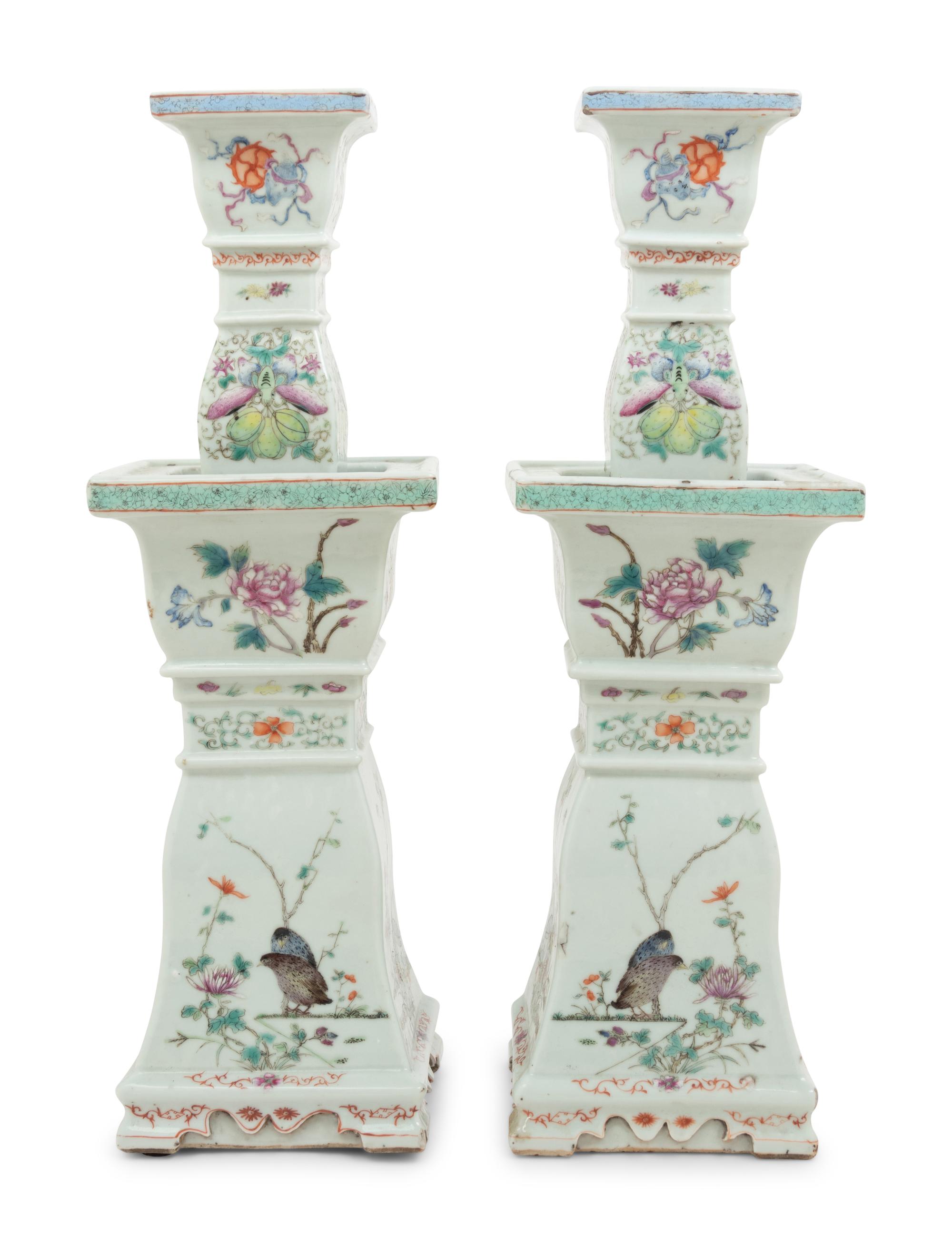 A Pair of Famille Verte Porcelain Candlesticks