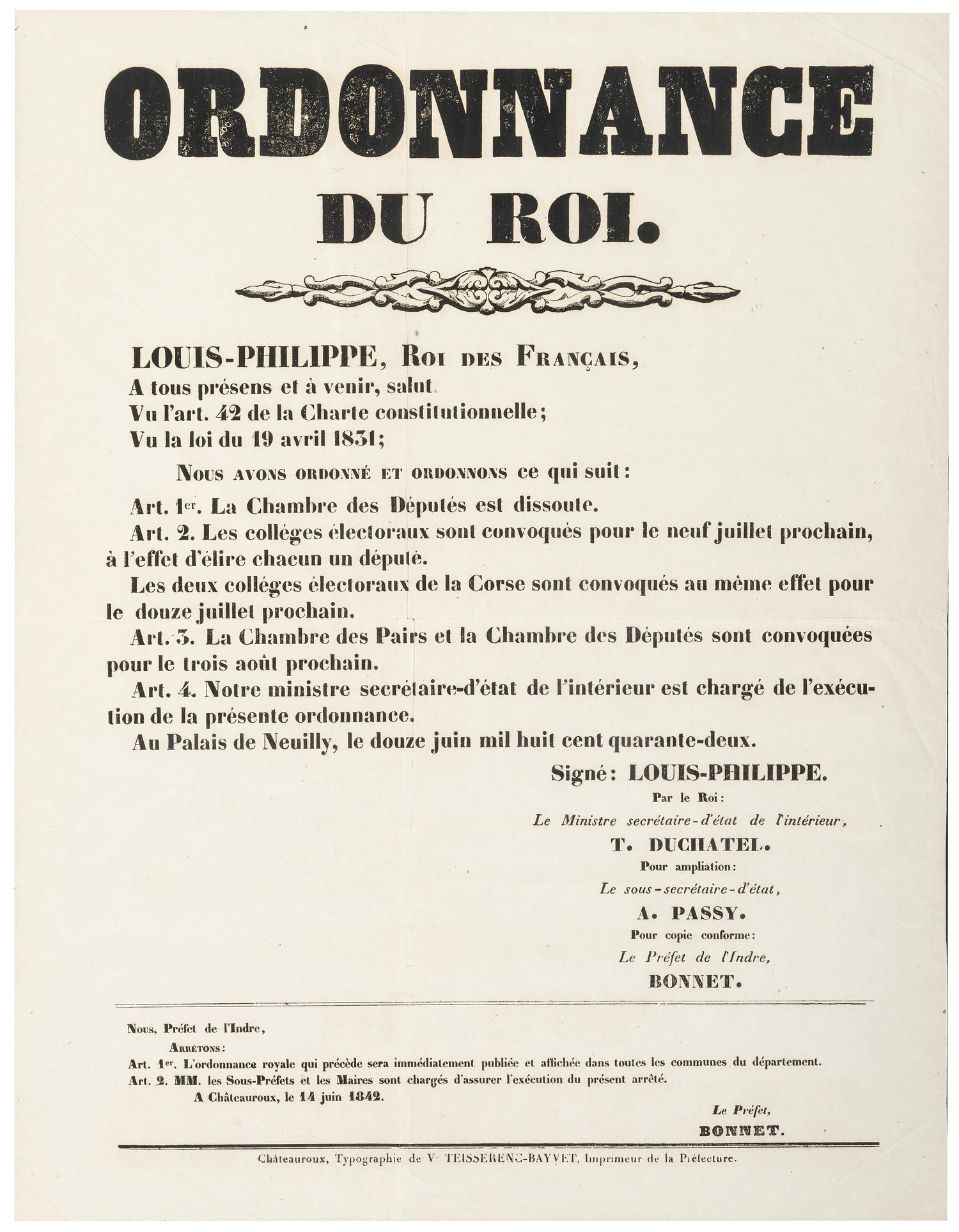 [FRANCE]. LOUIS-PHILIPPE, King of France (1773-1850). Ordonnance du Roi. Châteauroux, France: Typographie de ve Teisserenc-Bayvet, 14 June 1842.