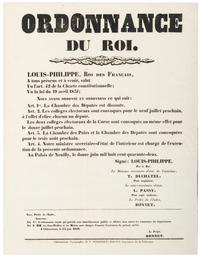 [FRANCE]. LOUIS-PHILIPPE, King of France (1773-1850). Ordonnance du Roi. Châteauroux, France: Typographie de ve Teisserenc-Bayvet, 14 June 1842.