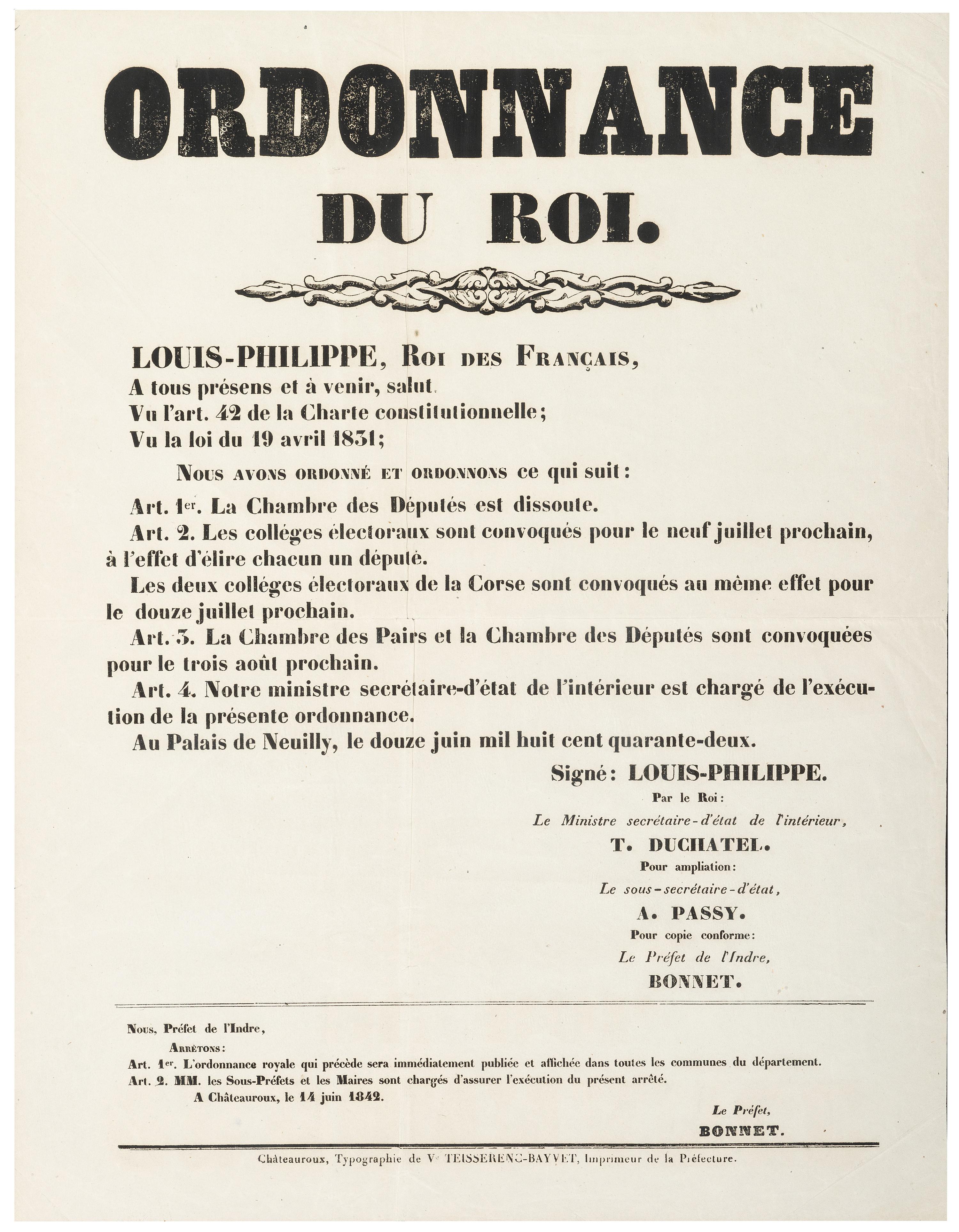 [FRANCE]. LOUIS-PHILIPPE, King of France (1773-1850). Ordonnance du Roi. Châteauroux, France: Typographie de ve Teisserenc-Bayvet, 14 June 1842.