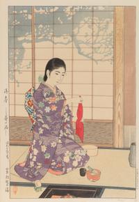 Shiro Kasamatsu, (1898-1991), Late Spring: Tea Ceremony, dated 1932, the right margin with copyright notation of publisher of Watanabe