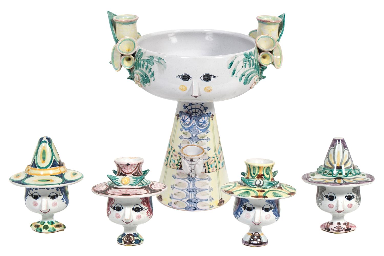 Bjorn Wiinblad (Danish, 1918-2006), DENMARK, 1982, a figural compote, with a set of four covered cups