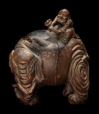 A Chinese Carved Wood 'Foreigner and Elephant' Figural Group