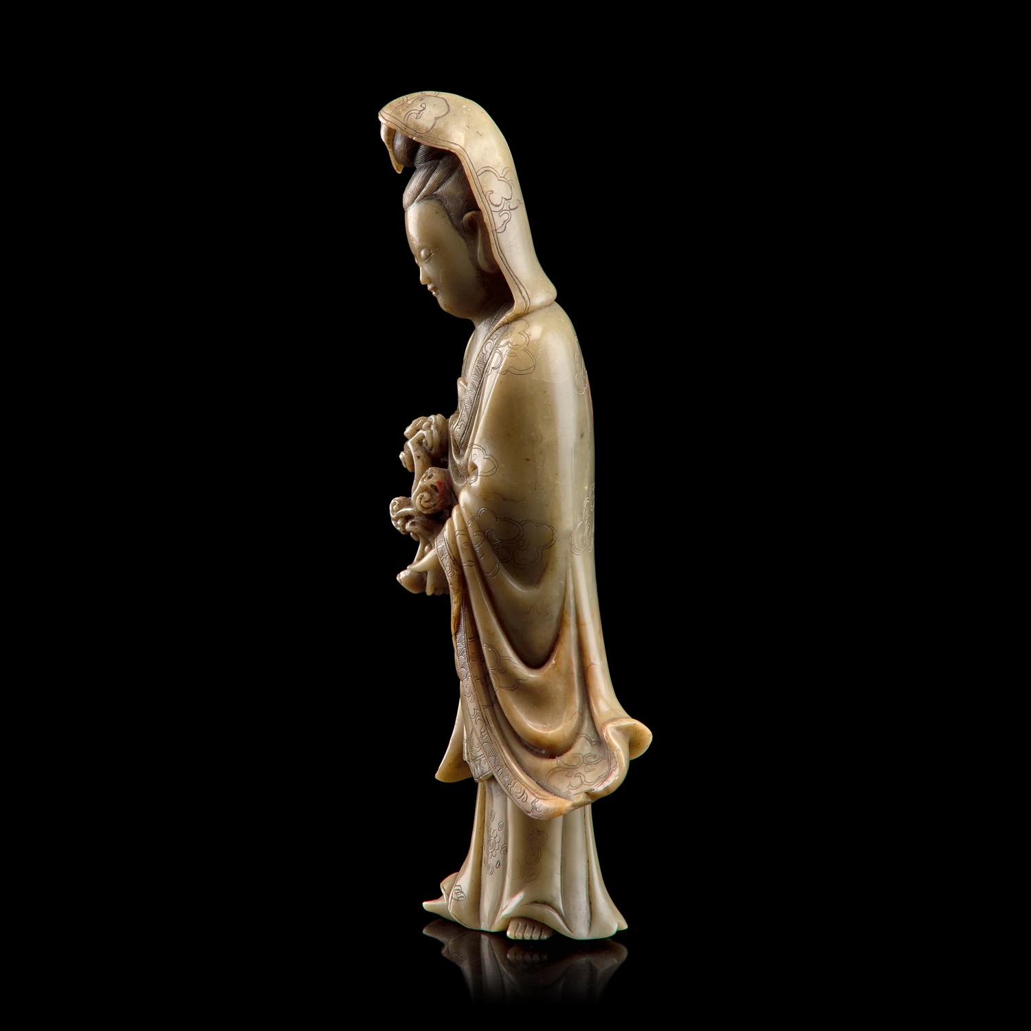 A Chinese Carved Soapstone Meiren , Qing Dynasty 清 壽山石雕美人像