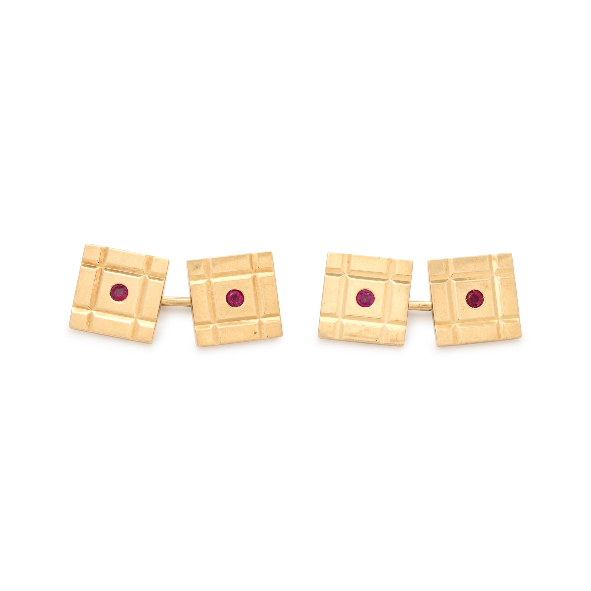TIFFANY & CO., YELLOW GOLD AND RUBY CUFFLINKS